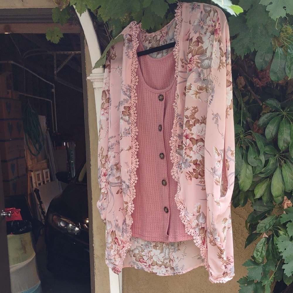 Floral Pink Cardigan and Top Set